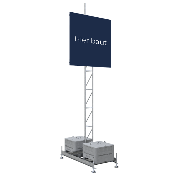Monteringsanordning | til forskellige skiltest�rrelser | Skiltets dimensioner: 2,00 x 2,00 m best�ende af: | 1 x opstillingsramme, galvaniseret (varenr. 35350) | 2 x betons�t, 600 kg (varenr. 3F120) | 1 x gittert�rn, galvaniseret, 6150 mm (varenr. 353017) | 2 x skiltesokkel 2,00 x 2,00 m (varenr. 353320) | 4 x drejekobling, galvaniseret (varenr. 3F120-5) | med insektvenlig spotlampe, best�ende af: | 1 x spotlampeholder, galvaniseret (varenr. 3533H) | 1 x insektvenlig spotlampe, lysfarve: 3000 K (varenr. 3531S1IF) | 2 x drejekobling, galvaniseret (varenr. 3F120-5)